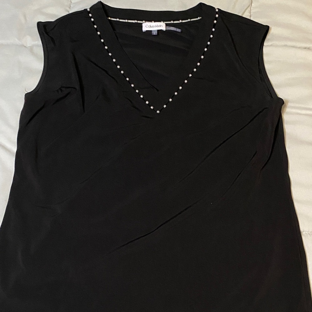 Calvin Klein Black V-Neck Sleeveless Tank with Pearl Detail